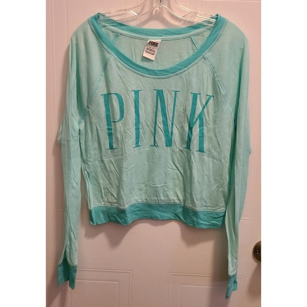 Victoria's Secret PINK Women's Long Sleeve Scoop Boat Neck T Shirt Top Blue Sz L
